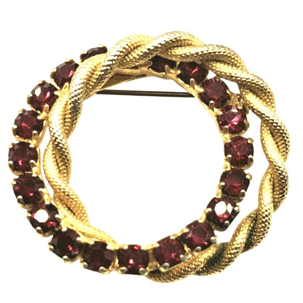 Vintage Rhinestone Brooch Red Clear Double Circle Infinity Pin Gold Tone Costume